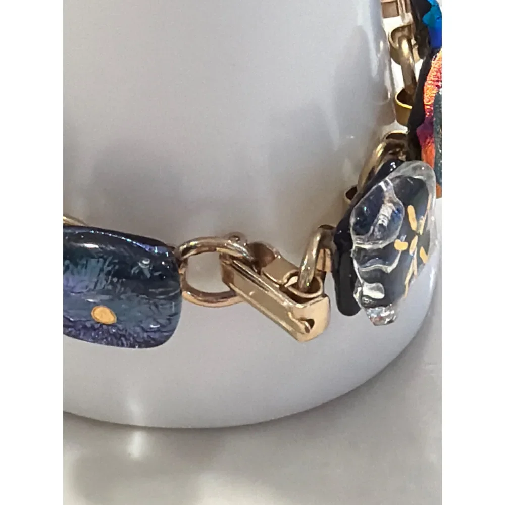 Dichroic Art Glass Link Bracelet Blue Multi Gold-Tone One Size